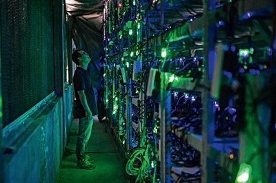 A sprawling Bitcoin mining farm powered by a large solar array, showcasing the integration of renewable energy into large-scale mining operations.