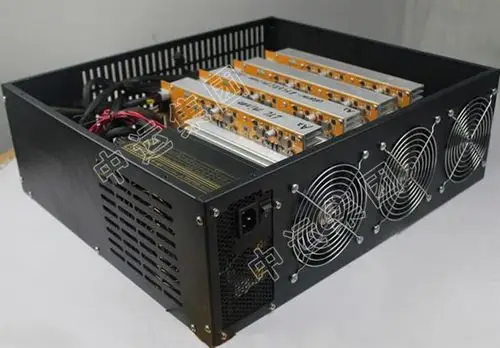 Sprawling cryptocurrency mining farm with rows of equipment